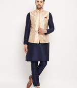 Men'S Navy Blue And Rose Gold Silk Blend Jacket, Kurta And Pyjama Set