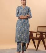 Janasya women's blue cotton ethnic motifs regular kurta set