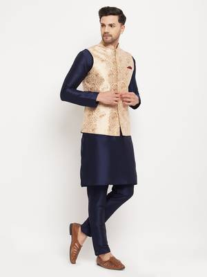 Navy Blue And Rose Gold Silk Blend Jacket, Kurta And Pyjama Set 2