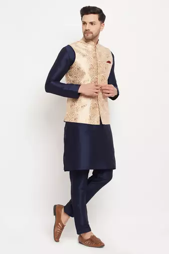 Navy Blue And Rose Gold Silk Blend Jacket, Kurta And Pyjama Set