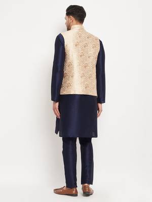 Navy Blue And Rose Gold Silk Blend Jacket, Kurta And Pyjama Set 3