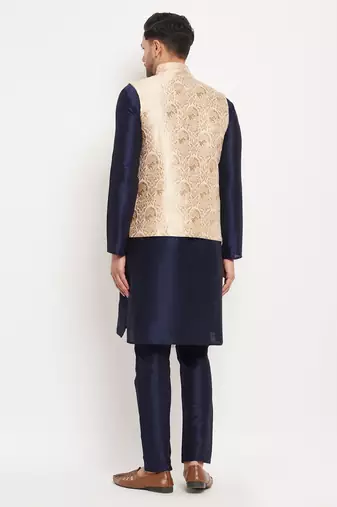Navy Blue And Rose Gold Silk Blend Jacket, Kurta And Pyjama Set