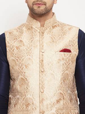 Navy Blue And Rose Gold Silk Blend Jacket, Kurta And Pyjama Set 4