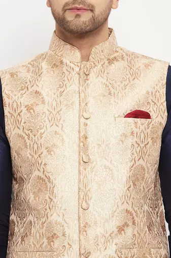 Navy Blue And Rose Gold Silk Blend Jacket, Kurta And Pyjama Set