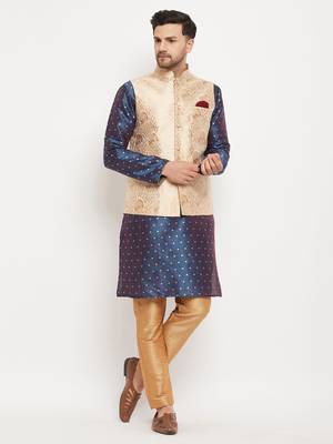 Blue And Rose Gold Silk Blend Jacket, Kurta And Pyjama Set 1
