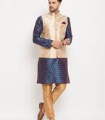 Blue And Rose Gold Silk Blend Jacket, Kurta And Pyjama Set