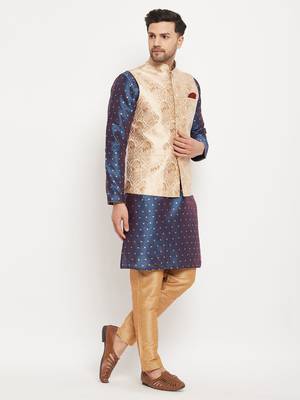 Blue And Rose Gold Silk Blend Jacket, Kurta And Pyjama Set 2