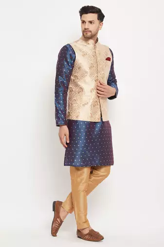 Blue And Rose Gold Silk Blend Jacket, Kurta And Pyjama Set