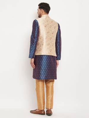 Blue And Rose Gold Silk Blend Jacket, Kurta And Pyjama Set 3