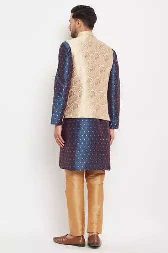 Blue And Rose Gold Silk Blend Jacket, Kurta And Pyjama Set