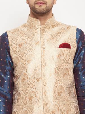 Blue And Rose Gold Silk Blend Jacket, Kurta And Pyjama Set 4
