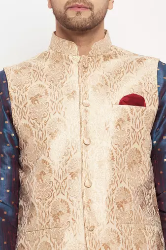 Blue And Rose Gold Silk Blend Jacket, Kurta And Pyjama Set