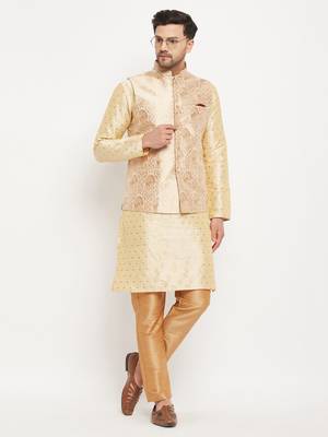Gold And Rose Gold Silk Blend Jacket, Kurta And Pyjama Set 1