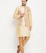 Gold And Rose Gold Silk Blend Jacket, Kurta And Pyjama Set