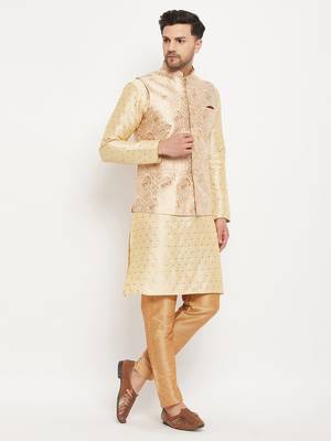 Gold And Rose Gold Silk Blend Jacket, Kurta And Pyjama Set 2