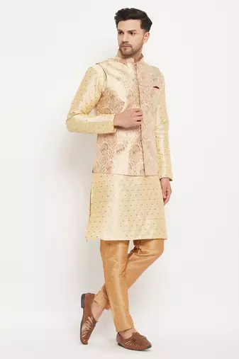 Gold And Rose Gold Silk Blend Jacket, Kurta And Pyjama Set