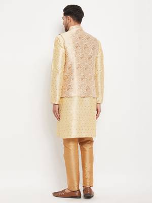 Gold And Rose Gold Silk Blend Jacket, Kurta And Pyjama Set 3