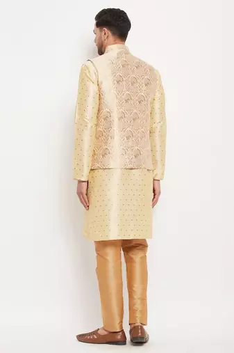 Gold And Rose Gold Silk Blend Jacket, Kurta And Pyjama Set