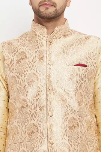Gold And Rose Gold Silk Blend Jacket, Kurta And Pyjama Set