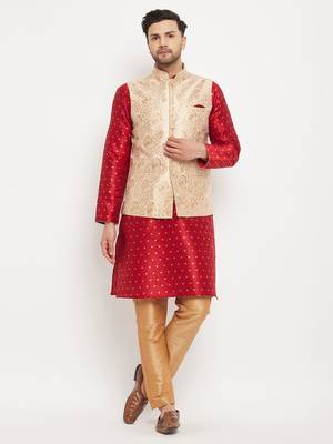 Maroon And Rose Gold Silk Blend Jacket, Kurta And Pyjama Set 1