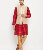 Maroon And Rose Gold Silk Blend Jacket, Kurta And Pyjama Set