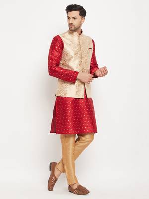 Maroon And Rose Gold Silk Blend Jacket, Kurta And Pyjama Set 2