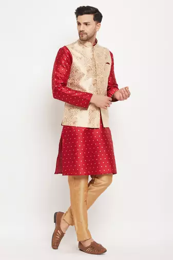 Maroon And Rose Gold Silk Blend Jacket, Kurta And Pyjama Set