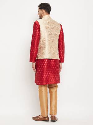 Maroon And Rose Gold Silk Blend Jacket, Kurta And Pyjama Set 3
