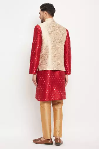 Maroon And Rose Gold Silk Blend Jacket, Kurta And Pyjama Set