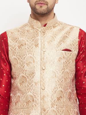Maroon And Rose Gold Silk Blend Jacket, Kurta And Pyjama Set 4