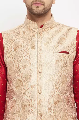 Maroon And Rose Gold Silk Blend Jacket, Kurta And Pyjama Set