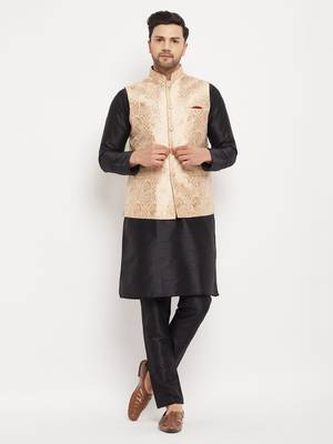 Black And Rose Gold Silk Blend Jacket, Kurta And Pyjama Set 1