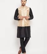 Black And Rose Gold Silk Blend Jacket, Kurta And Pyjama Set