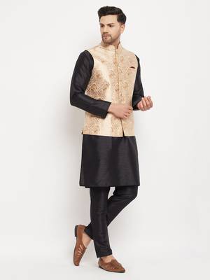 Black And Rose Gold Silk Blend Jacket, Kurta And Pyjama Set 2