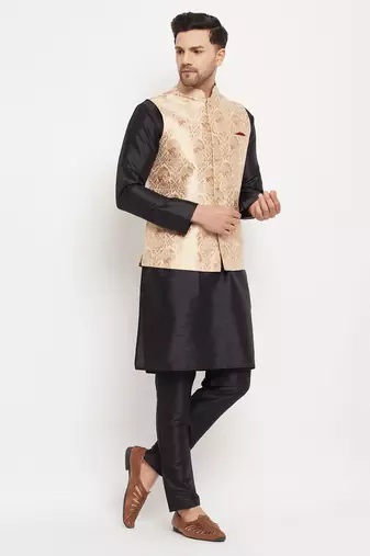 Black And Rose Gold Silk Blend Jacket, Kurta And Pyjama Set