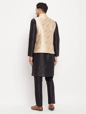 Black And Rose Gold Silk Blend Jacket, Kurta And Pyjama Set 3