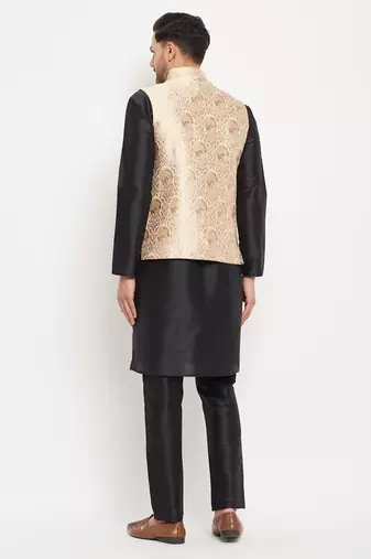 Black And Rose Gold Silk Blend Jacket, Kurta And Pyjama Set
