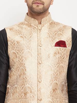 Black And Rose Gold Silk Blend Jacket, Kurta And Pyjama Set 4