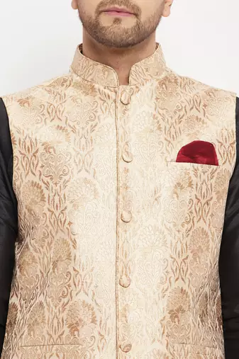 Black And Rose Gold Silk Blend Jacket, Kurta And Pyjama Set