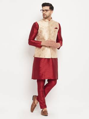 Rose Gold And Maroon Silk Blend Jacket, Kurta And Pyjama Set 1
