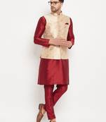Rose Gold And Maroon Silk Blend Jacket, Kurta And Pyjama Set