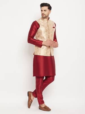 Rose Gold And Maroon Silk Blend Jacket, Kurta And Pyjama Set 2