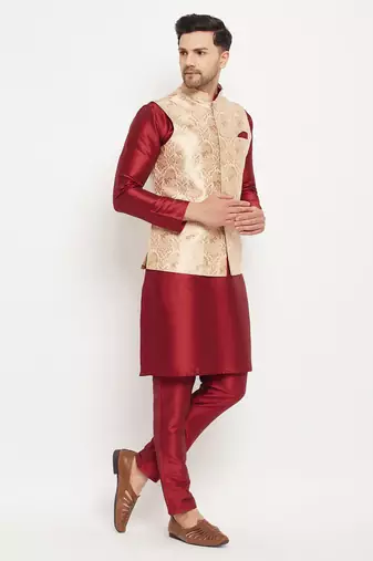 Rose Gold And Maroon Silk Blend Jacket, Kurta And Pyjama Set