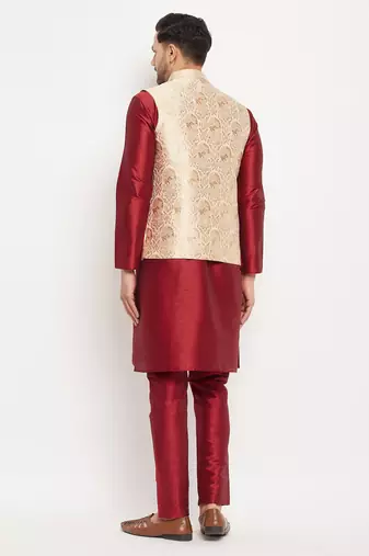 Rose Gold And Maroon Silk Blend Jacket, Kurta And Pyjama Set