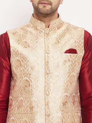Rose Gold And Maroon Silk Blend Jacket, Kurta And Pyjama Set 4