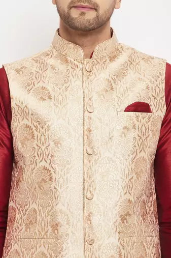 Rose Gold And Maroon Silk Blend Jacket, Kurta And Pyjama Set