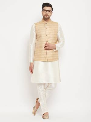 Beige And Cream Silk Blend Jacket, Kurta And Pyjama Set 1