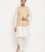 Beige And Cream Silk Blend Jacket, Kurta And Pyjama Set