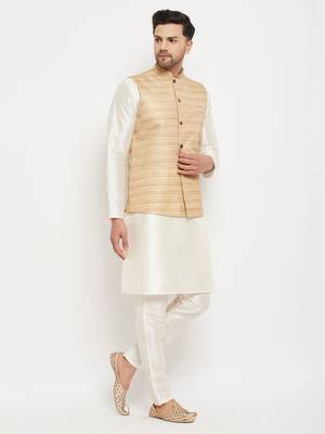 Beige And Cream Silk Blend Jacket, Kurta And Pyjama Set 2