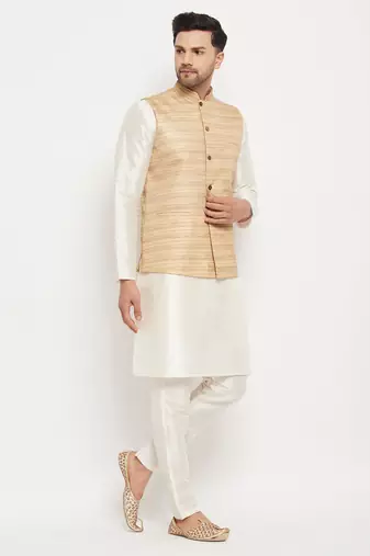 Beige And Cream Silk Blend Jacket, Kurta And Pyjama Set